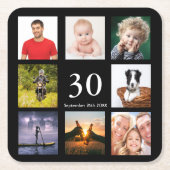30th birthday party photo collage guy black square paper coaster (Front)