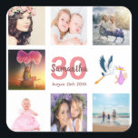 30th birthday party photo collage square sticker<br><div class="desc">A sticker for a girly 30th birthday party,  celebrating her life with a collage of 8 of your photos.  Templates for a name,  age 30 and a date.  Date of birth or the date of the party.  Coral and burgundy coloured letters.  White background.</div>