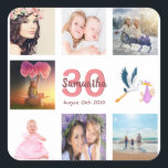 30th birthday party photo collage square sticker<br><div class="desc">A sticker for a girly 30th birthday party,  celebrating her life with a collage of 8 of your photos.  Templates for a name,  age 30 and a date.  Date of birth or the date of the party.  Coral and burgundy coloured letters.  White background.</div>