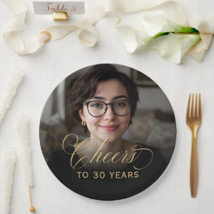 30th Birthday Party Photo Gold Script Cheers Paper Plate
