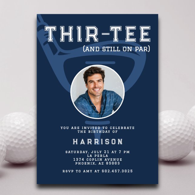 30th Birthday Party Photo Modern Golf Navy Blue Invitation (Creator Uploaded)