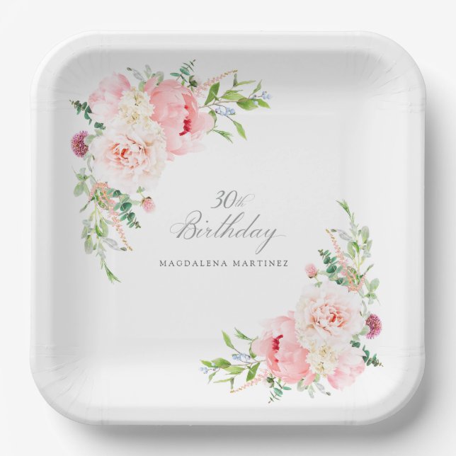 30th Birthday Party Pink Floral Custom Paper Plate (Front)