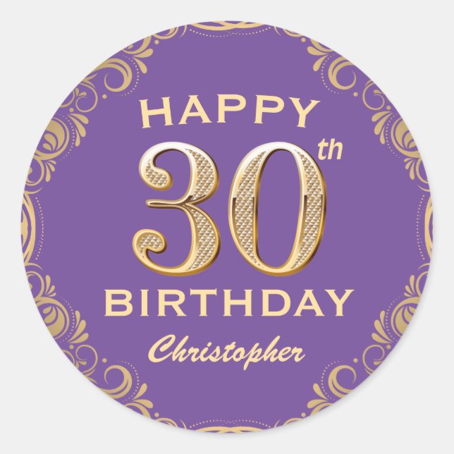 30th Birthday Party Purple and Gold Glitter Frame Classic Round Sticker (Front)