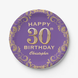 30th Birthday Party Purple and Gold Glitter Frame Paper Plate