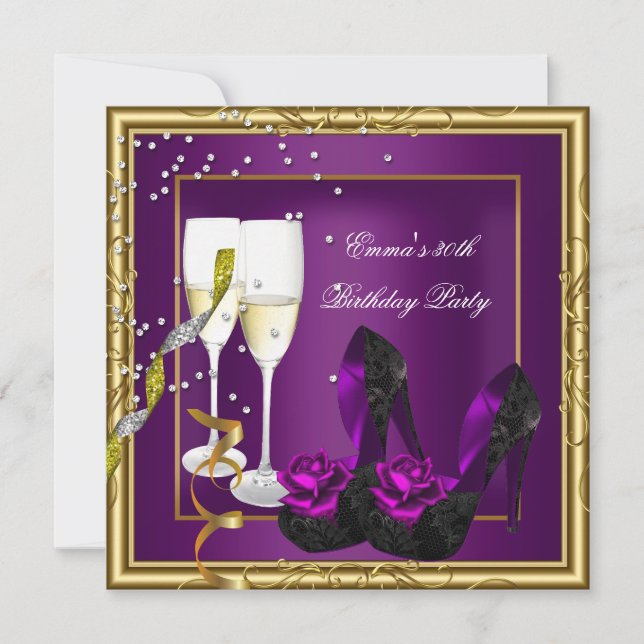 30th Birthday Party Purple Plum Gold Black Invitation (Front)
