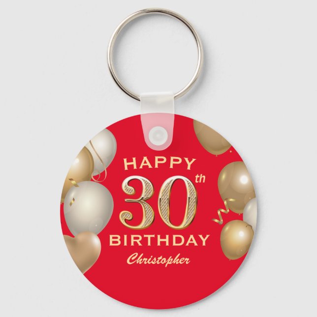 30th Birthday Party Red and Gold Balloons Keychain (Front)