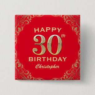 30th Birthday Party Red and Gold Glitter Frame 2 Inch Square Button