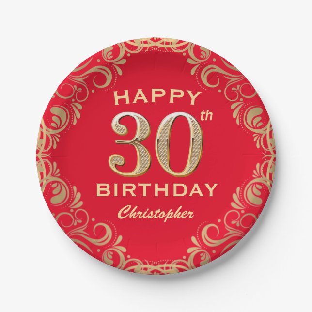 30th Birthday Party Red and Gold Glitter Frame Paper Plate (Front)
