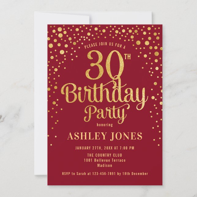 30th Birthday Party - Red & Gold Invitation (Front)