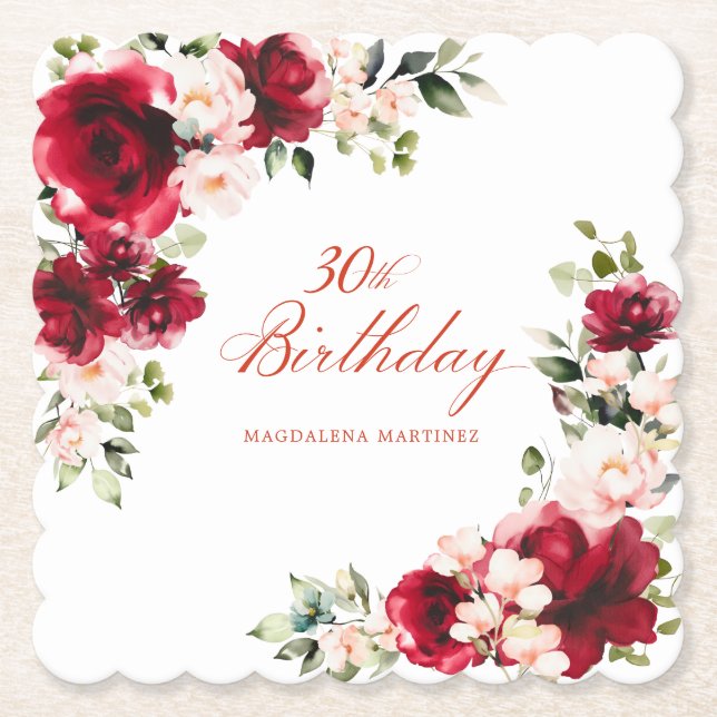 30th Birthday Party Red Pink Floral Custom Paper Coaster (Front)
