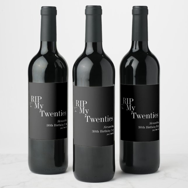 30th Birthday Party RIP 20s Black and White Wine Label (Bottles)