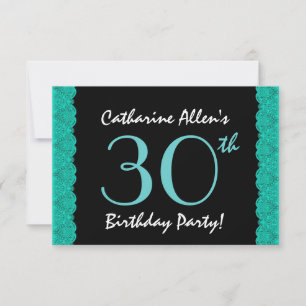 30th Birthday Party Scalloped Ribbon and Black Invitation