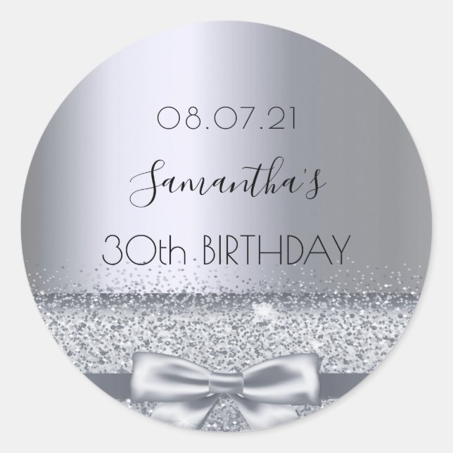 30th birthday party silver bow classic round sticker (Front)