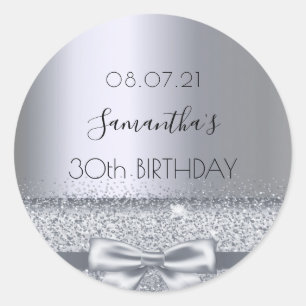 30th birthday party silver bow classic round sticker