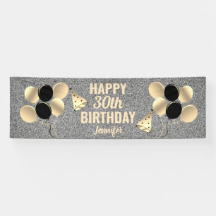 30th Birthday Party Silver Glitter Personalized Banner