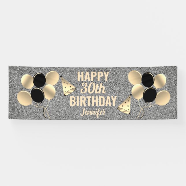 30th Birthday Party Silver Glitter Personalized Banner (Horizontal)