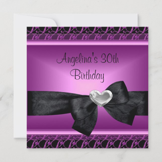 30th Birthday Party Silver Heart Purple Black Invitation (Front)