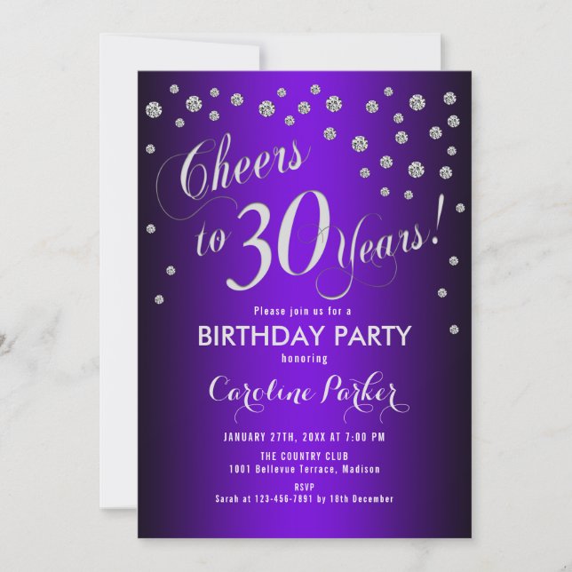 30th Birthday Party - Silver Purple Invitation (Front)