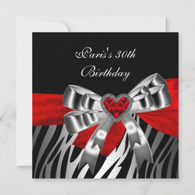 30th Birthday Party Silver Red Black Zebra 2 Invitation (Front)