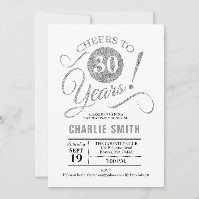 30th Birthday Party - Silver White Invitation (Front)