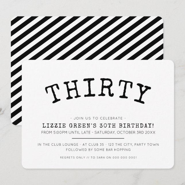 30TH birthday party simple modern minimal black Invitation (Front/Back)