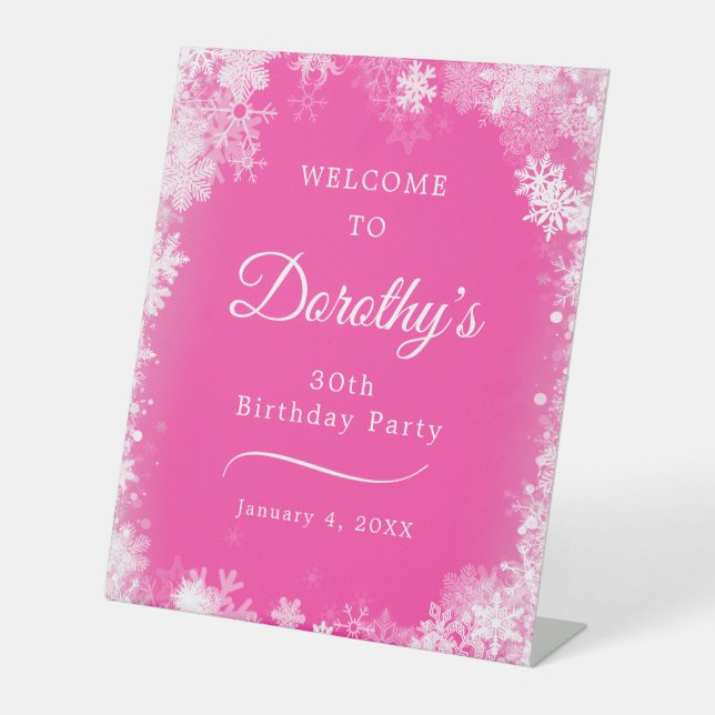 30th Birthday Party Snowflake Pink Welcome Pedestal Sign (Front)