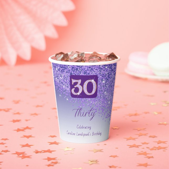 30th Birthday Party Sparkle Purple Glitter Paper Cups (Insitu)