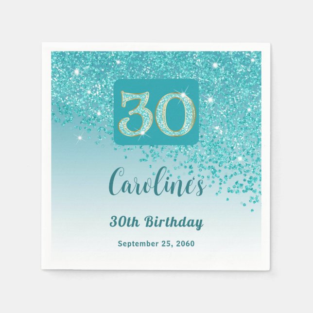 30th Birthday Party Sparkle Teal Blue Glitter Napkin (Front)