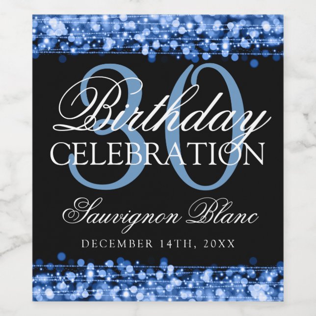 30th Birthday Party Sparkles Blue Wine Wine Label (Single Label)