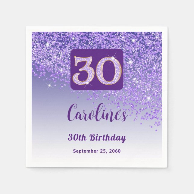 30th Birthday Party Sparkling Purple Glitter Napkin (Front)
