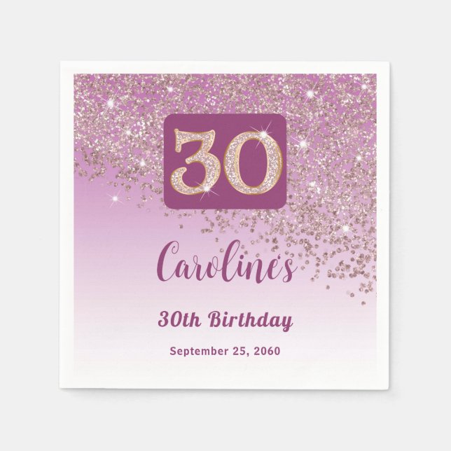 30th Birthday Party Sparkling Rose Gold Glitter Napkin (Front)