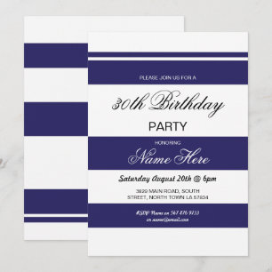 30th Birthday Party Stripe Navy & White Invite 40