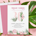 30th Birthday Party Tropical Pink Protea Number 30 Invitation<br><div class="desc">30th birthday party invitation with number 30 decorated with tropical palm leaves,  pink protea flower blooms and a coconut. Subtle feminine and elegant design with watercolor floral arrangements in shades of pink and green. Perfect for 30th birthday celebration,  luau party or garden tea party.</div>