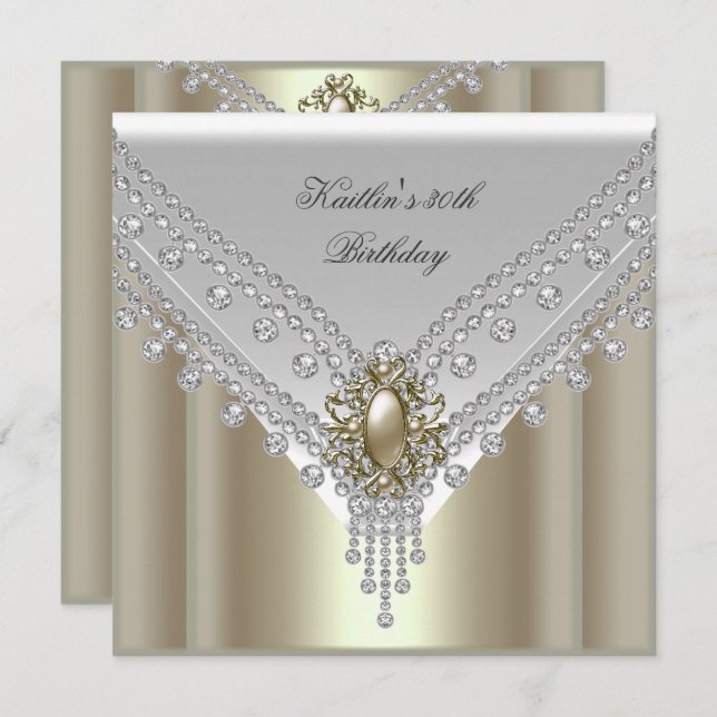 30th Birthday Party White Cream Pearl Diamond Invitation (Front/Back)