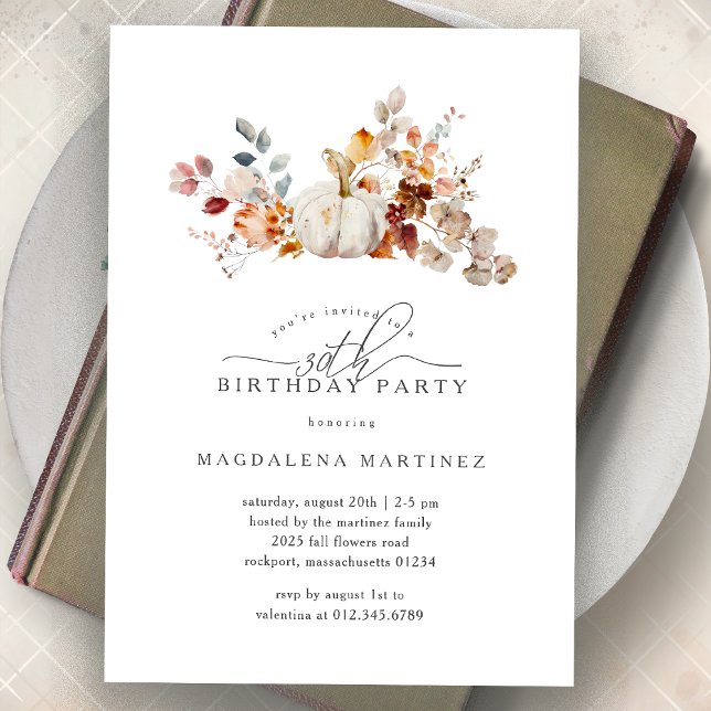 30th Birthday Party White Pumpkin Fall Flowers  Invitation (Creator Uploaded)