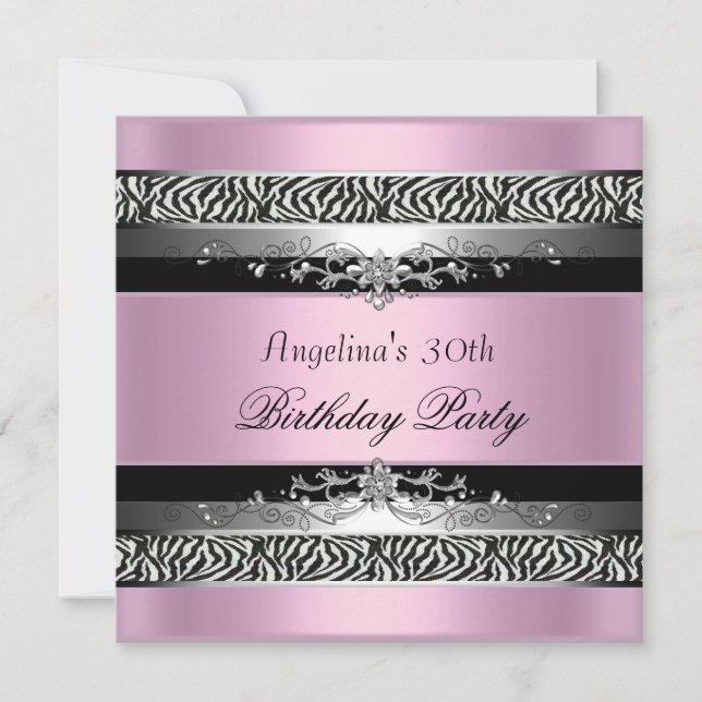30th Birthday Party Zebra Black Silver Pink Invitation (Front)