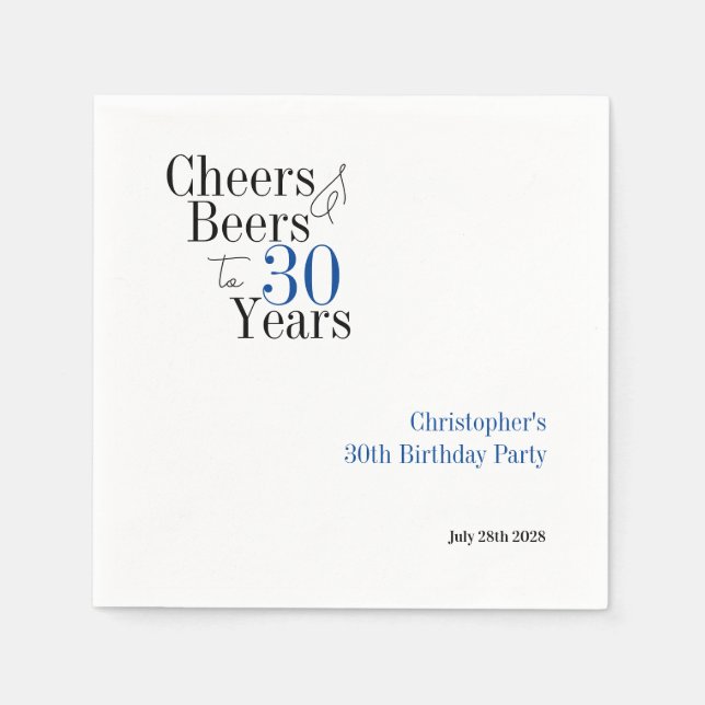 30th Birthday Personalized Cheers Beers Party Napkin (Front)
