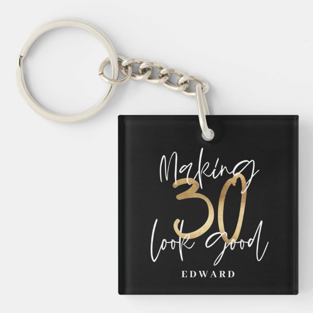 30th birthday personalized favour gift black gold keychain (Front)