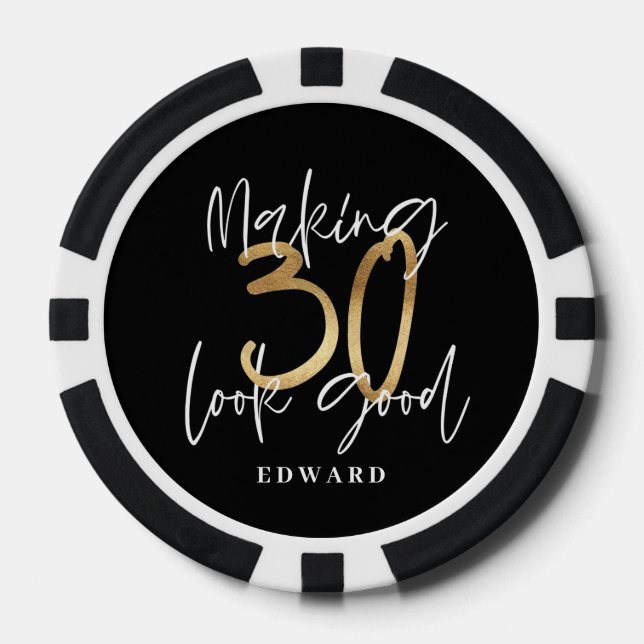 30th birthday personalized favour gift black gold poker chips (Front)