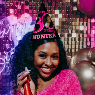 30th birthday personalized photo pink black party hat