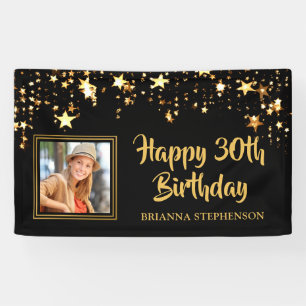 30th Birthday Photo Black Gold Stars Personalized Banner