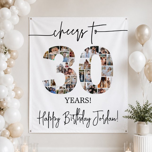 30th Birthday Photo Collage Backdrop Large Tapestry (Creator Uploaded)