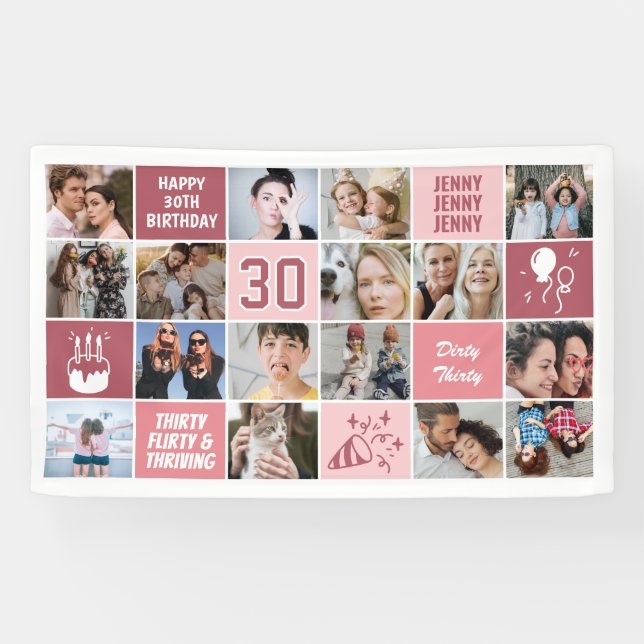 30th Birthday Photo Collage Custom Coral Pink Banner (Horizontal)
