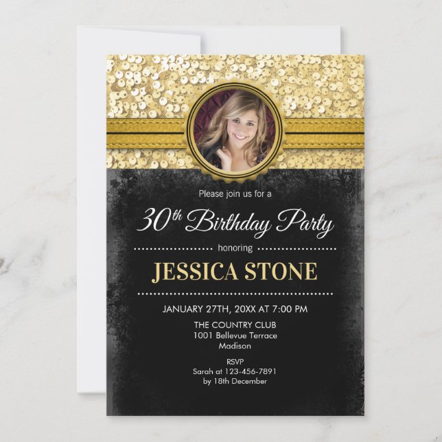 30th Birthday Photo - Gold Black Invitation (Front)