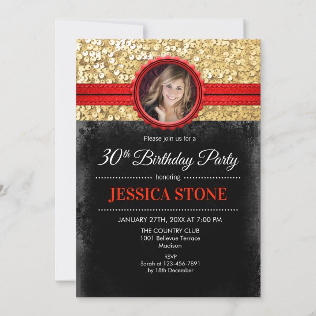 30th Birthday Photo Invitation - Gold Black Red (Front)
