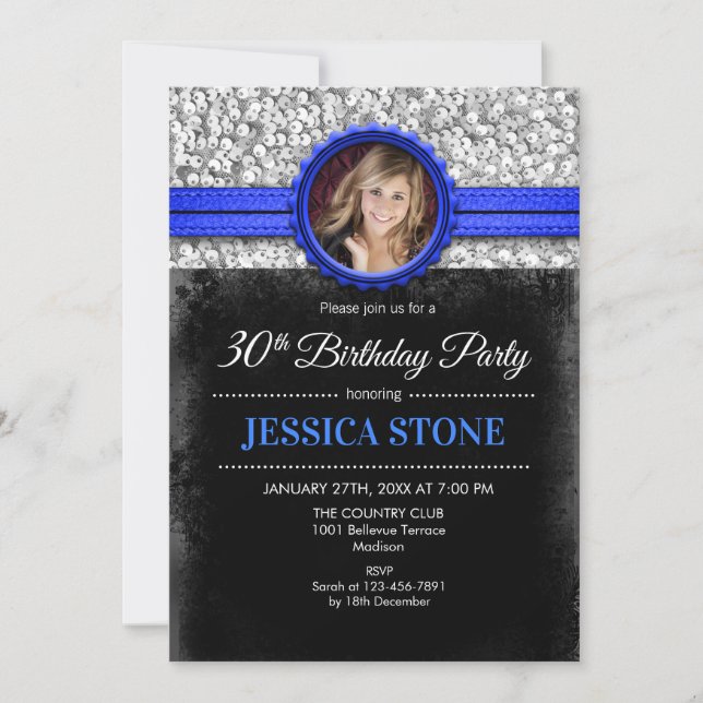 30th Birthday Photo - Silver Black Royal Blue Invitation (Front)
