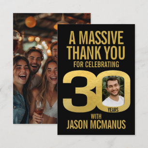 30th birthday photo thanks black and gold  thank you card