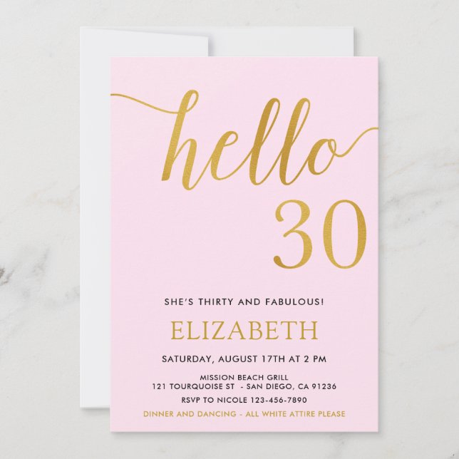 30th Birthday Pink and Gold Hello 30 Invitation (Front)