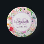 30th birthday pink flowers elegant name 2 inch round button<br><div class="desc">An elegant timeless summer and garden themed magnet in a romantic bohemian, boho style for a 30th birthday with soft pastels and watercolored flowers in pink and peach and green leaves. A light white background. Template for name, age and date. The name is written in purple with a hand-lettered style...</div>