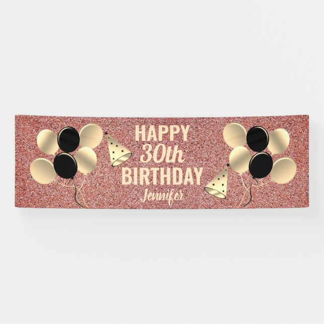 30th Birthday Pink Gold Glitter Personalized Party Banner (Horizontal)